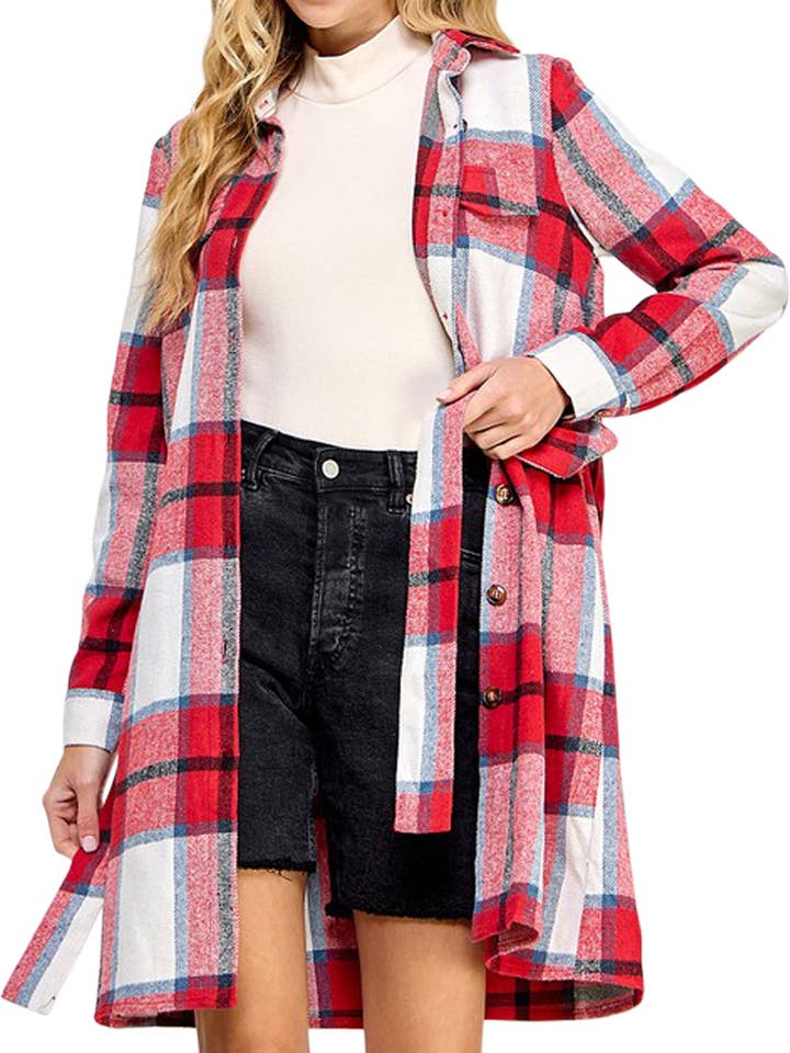 Belted Plaid Cardigan Shirt Jacket for wholesale by Vanilla Monkey