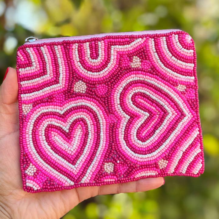 Pink Hearts Beaded Pouch for wholesale by Twine and Love