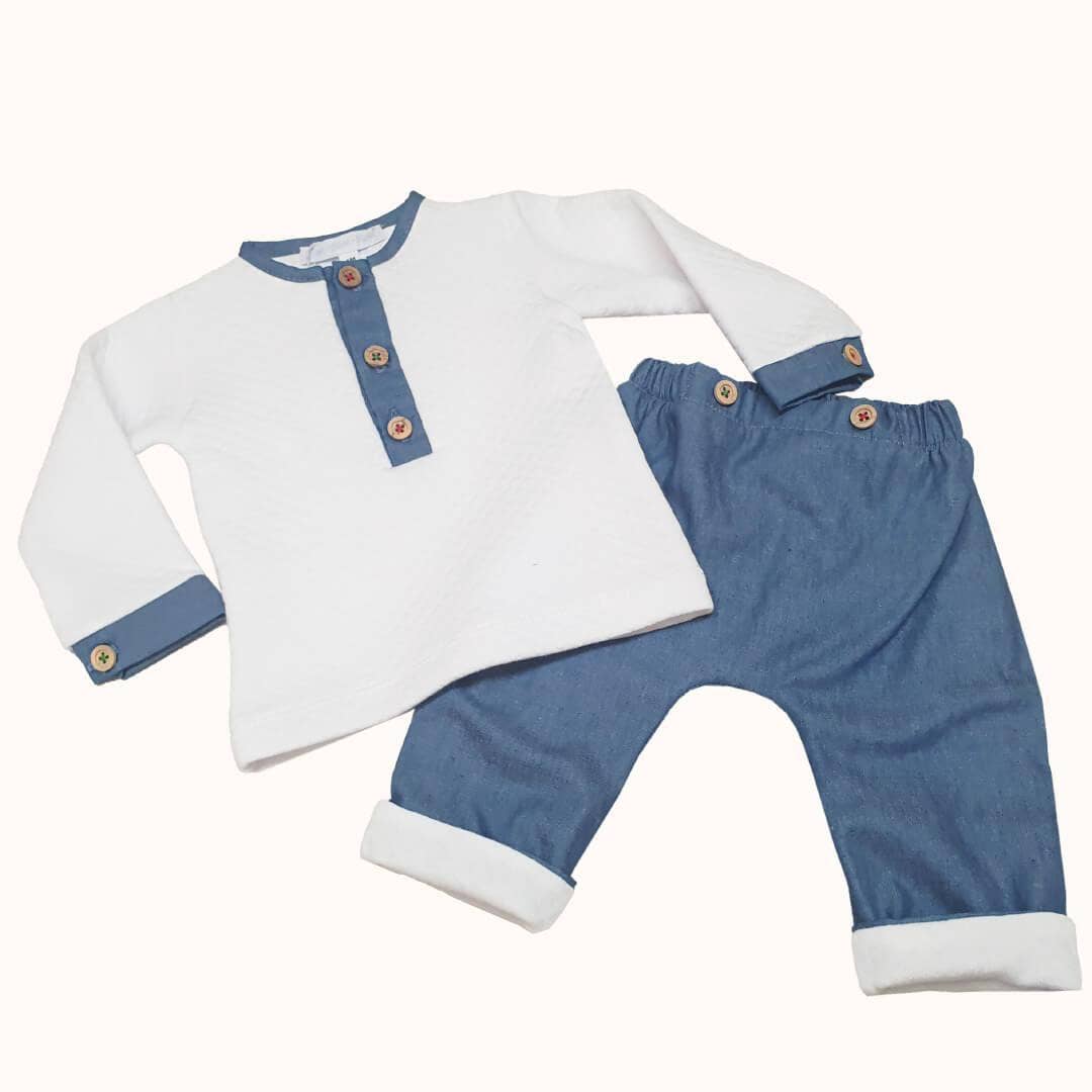 Pim-Pam-Pum - Wholesale Top & Pant Set - Baby - 2-Piece White/Blue Denim Outfit0