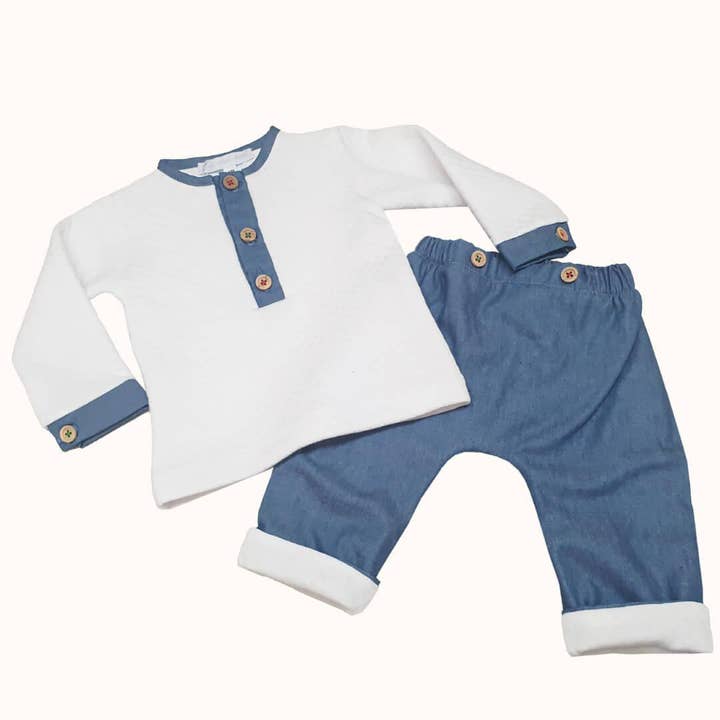 Pim-Pam-Pum - Wholesale Top & Pant Set - Baby - 2-Piece White/Blue Denim Outfit