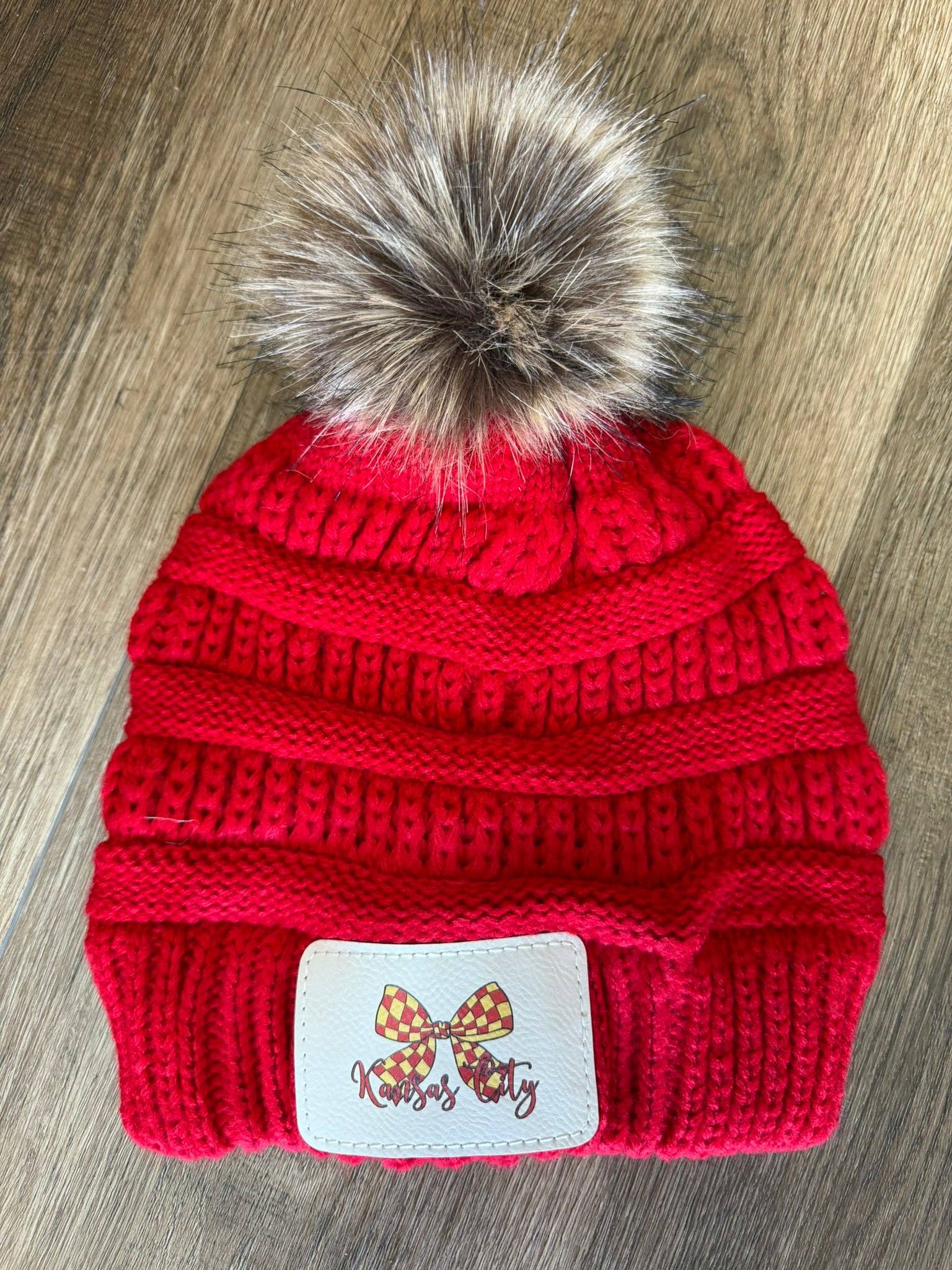 Designed To Flaunt - Wholesale Beanie - Women's - UV Printed Red Checkered Bow Knitted Pom Beanie0