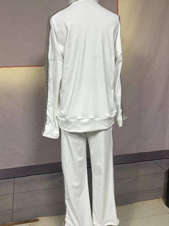 white Sequin detail knit sleeve patchwork Turtleneck 2 piece set for wholesale on Faire6