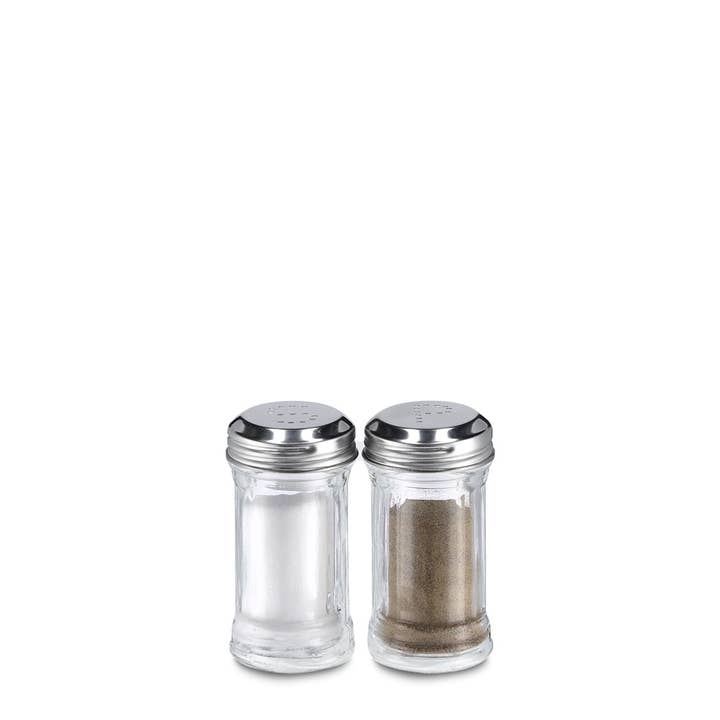 transparent Salt/Pepper Shaker Set, 2-Piece, Glass/Stainless Steel for wholesale on Faire1