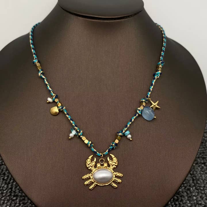 18K Golden SS Crab Charm Colored Rope Necklace - FGS for wholesale by Mio Queena