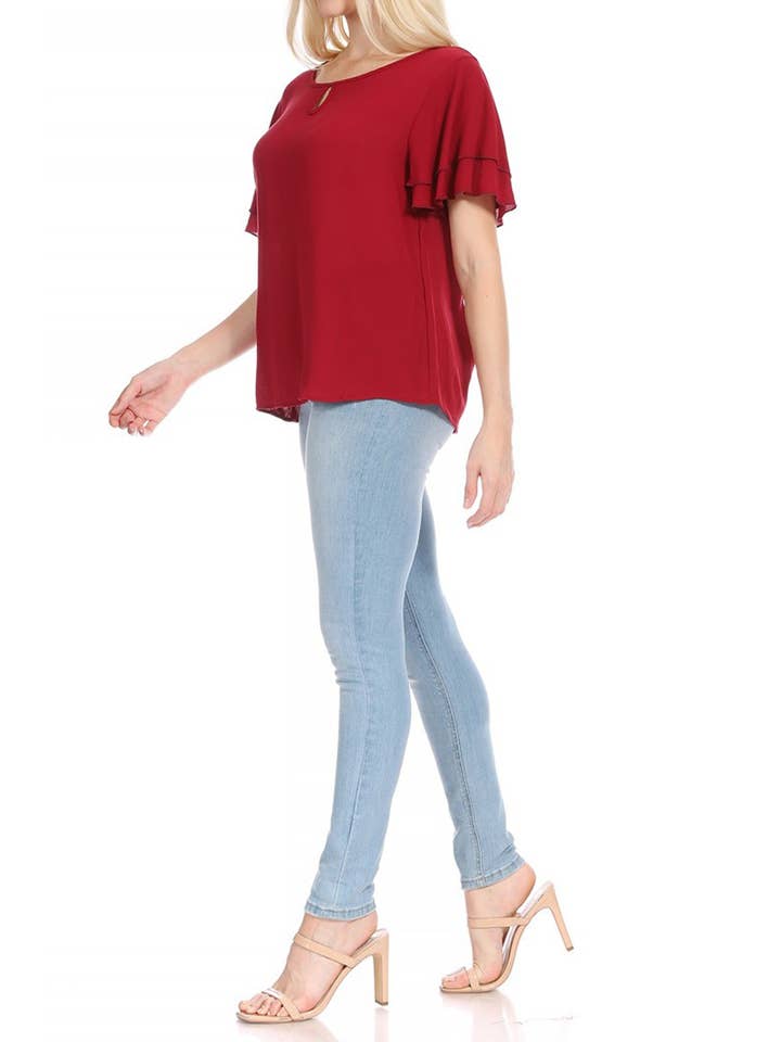 MOA COLLECTION - Wholesale Blouse - Women's - Casual Solid Flowy Short Flutter Sleeve Key Hole Blouse7