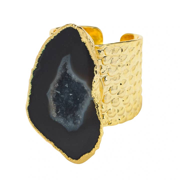 YAA YAA LONDON 'MEGA' Black Semi Precious Stone Gold Statement Ring for wholesale by YAA YAA LONDON