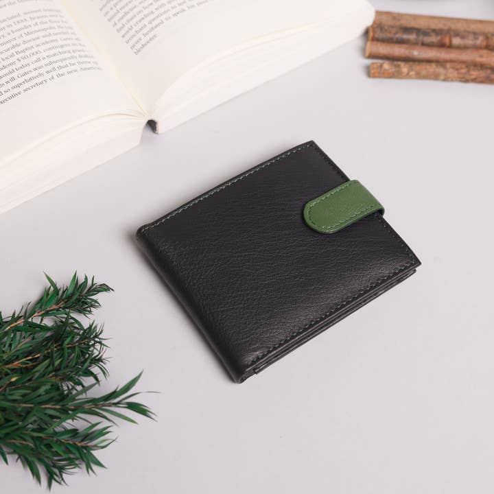 Redbrick - Wholesale Wallet - Men's - Biggs & Bane Men's Bifold Black & Green Leather Wallet With Tab Coin Pocket1