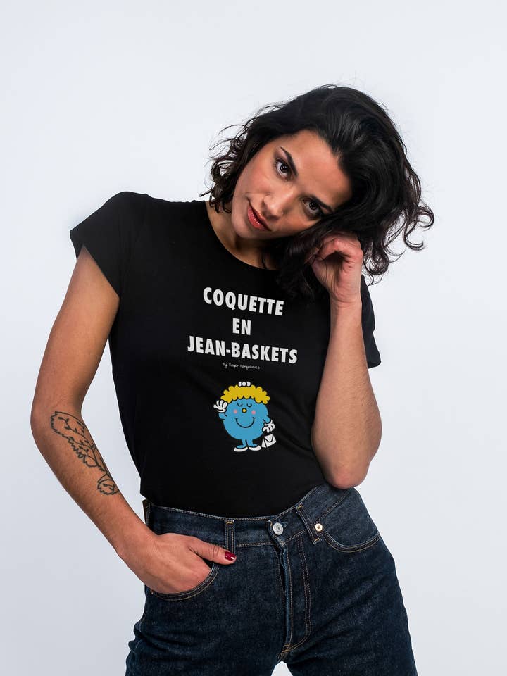 BLACK T-SHIRT WOMAN COQUETTE IN JEAN BASKET 2 for wholesale by Le Roi du T-shirt