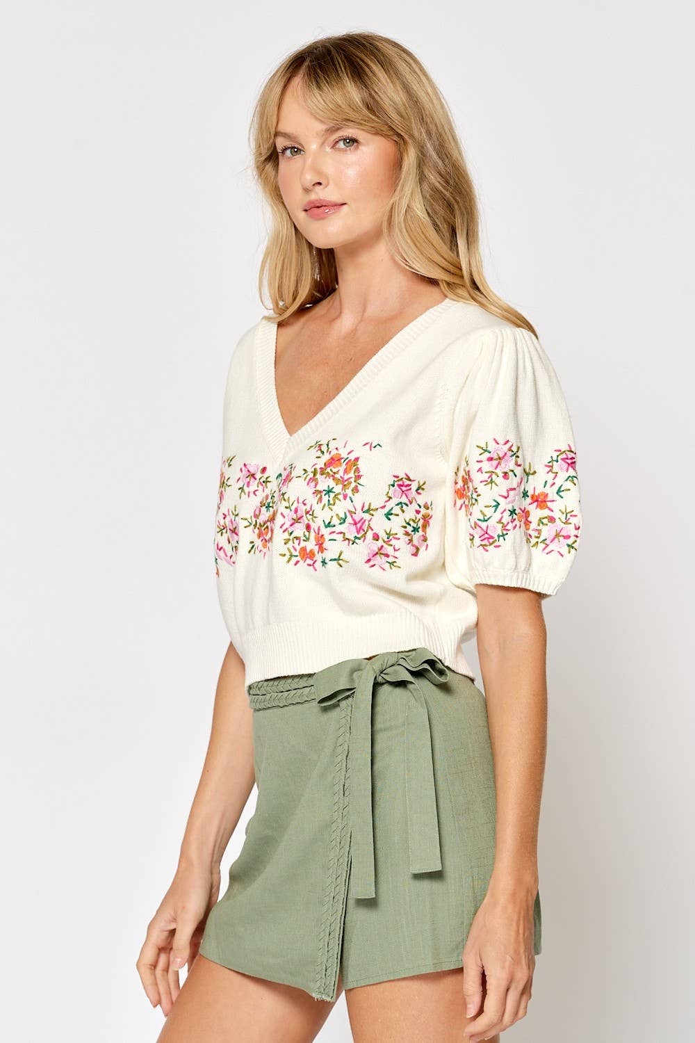 CREAM ILT5011 Floral Embroidered Short Puff Sleeve Sweater Top  for wholesale on Faire3