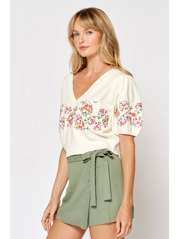 CREAM ILT5011 Floral Embroidered Short Puff Sleeve Sweater Top for wholesale on Faire3