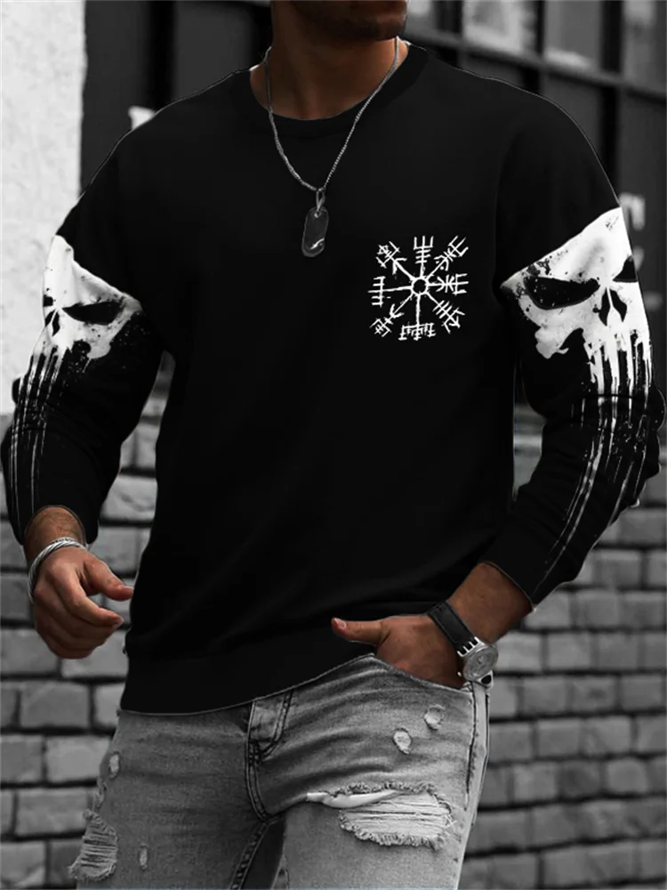Black Men's Viking Vegvisir Skull Contrast Sleeve Sweatshirt for wholesale on Faire0