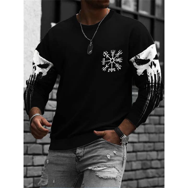 Men's Viking Vegvisir Skull Contrast Sleeve Sweatshirt for wholesale by Tourtiwi