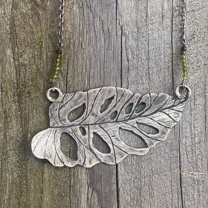 Monstera Acacoyaguensis Leaf Necklace for wholesale by J.Mancarella Jewelry