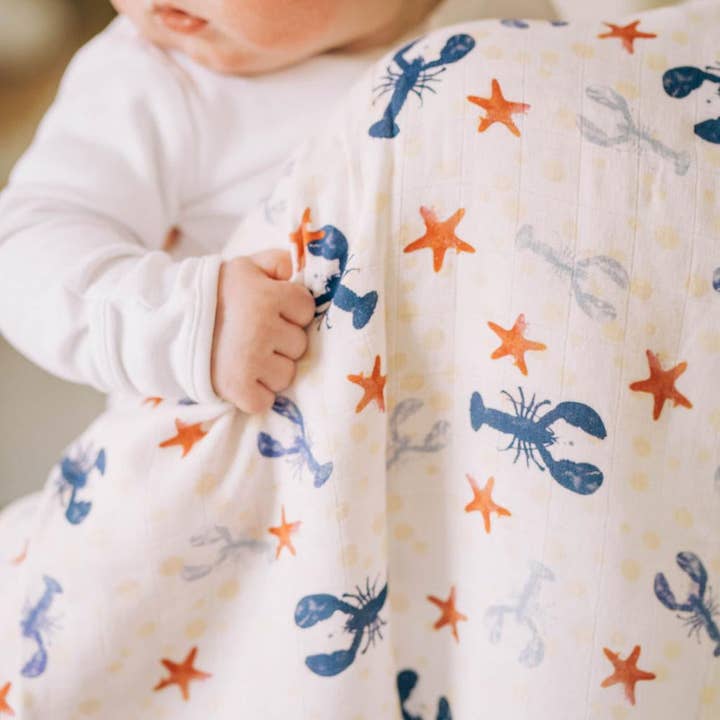 Lobster Muslin Swaddle for wholesale by Beach Born Salcombe Ltd