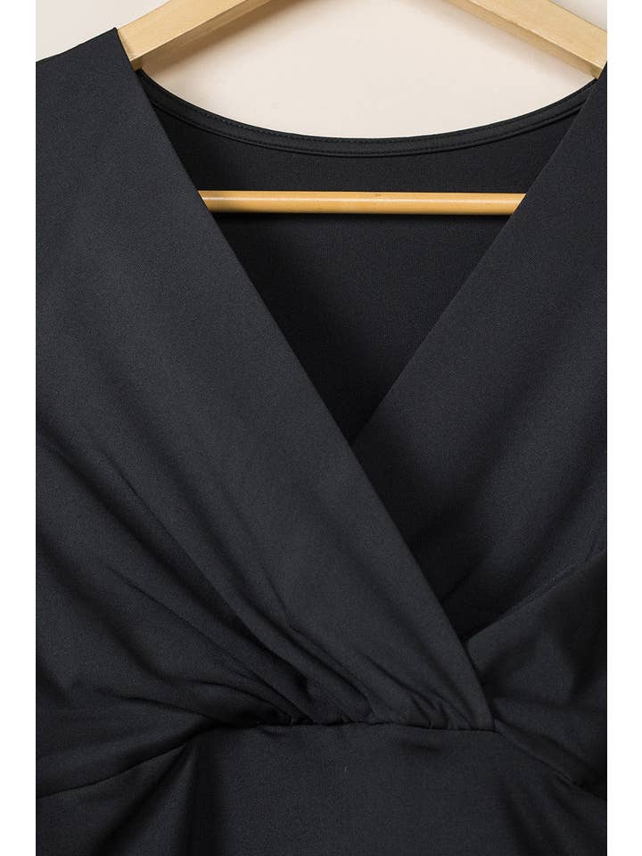 Black Solid Ruched Wrap V-Neck Midi Dress for wholesale on Faire7