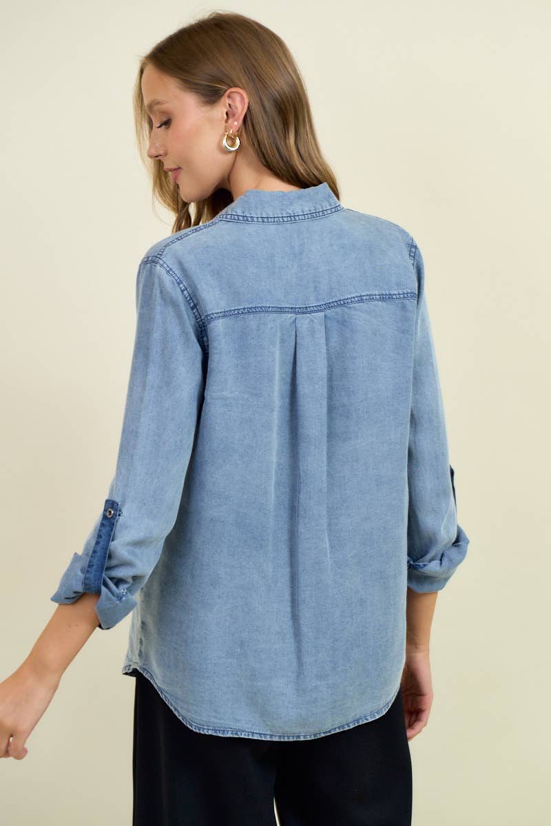 Doe and Rae – Camisa com botões no colarinho – Mulher por atacado – Camisa Chambray Button Down Com Manga Roll Up - 41778T8