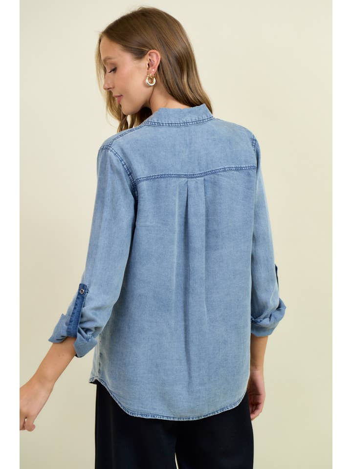 Doe and Rae - Wholesale Overhemd met knopen - Dames - Chambray overhemd met knoopsluiting en oprolbare mouwen - 41778T8