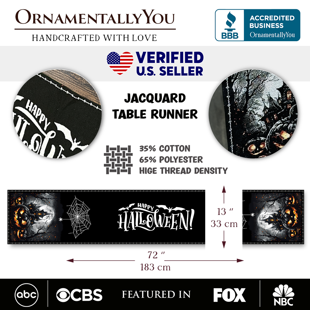 OrnamentallyYou - Wholesale Table Runner - Haunted Horrors 72" Table Runner, Jacquard Halloween Decor1