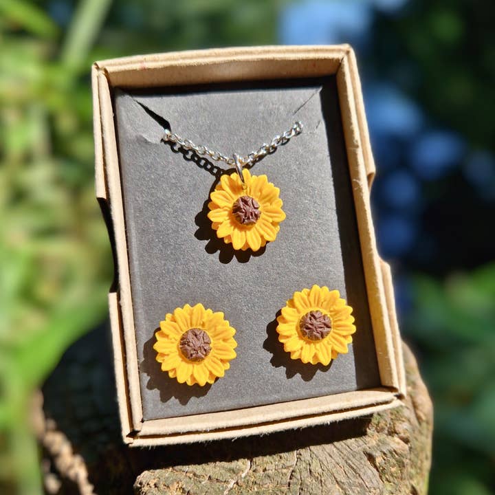 Sunflower Hypoallergenic Polymer Clay Necklace & Stud Set for wholesale by Green Grove Designs