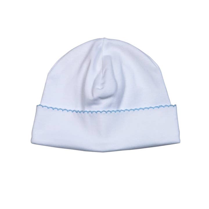 BONNET PIMA BLANC AVEC BORDURE BLEUE WHB-415 pour la vente par Baby Loren