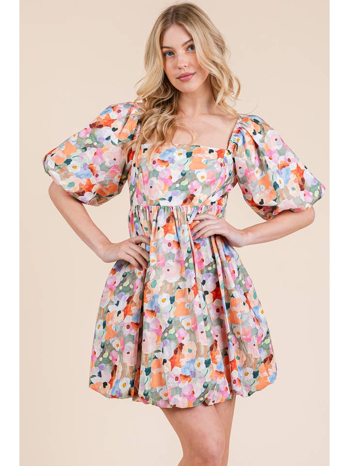 Pink Multi Floral Bubble Skirt Babydoll Mini Dress, MD51415 for wholesale on Faire