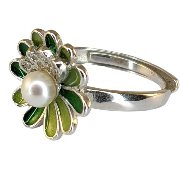 Zoetwaterparel en zilveren bloemenring voor wholesale door Ping Ping Jewellery