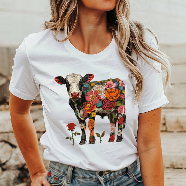 LaLaSista - Wholesale Screen Printed T-Shirt - Women's - COW IN FLOWER WESTERN GRAPHIC TEE3