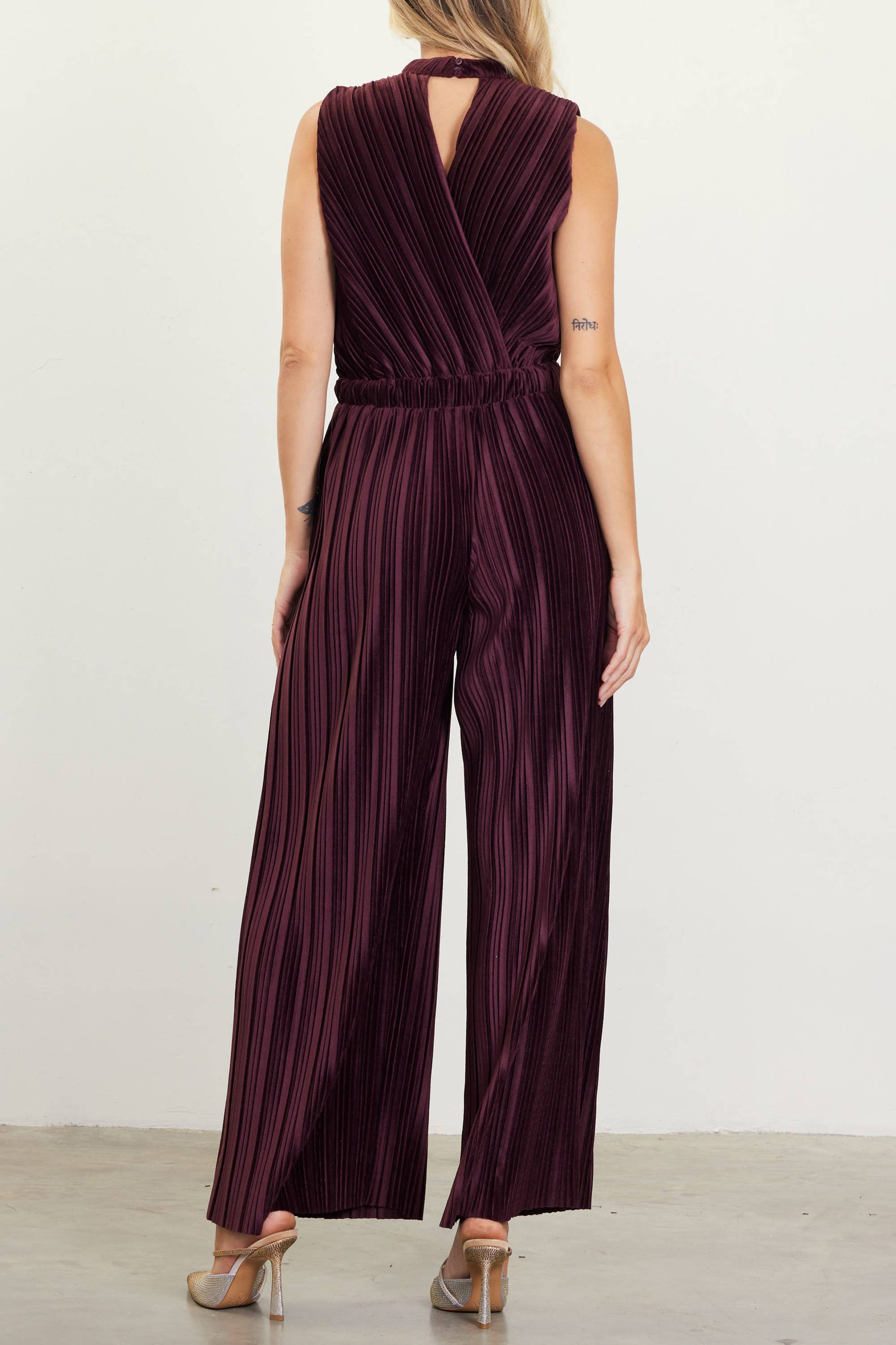Chocolate Pleated Velvet Jumpsuit for wholesale on Faire1