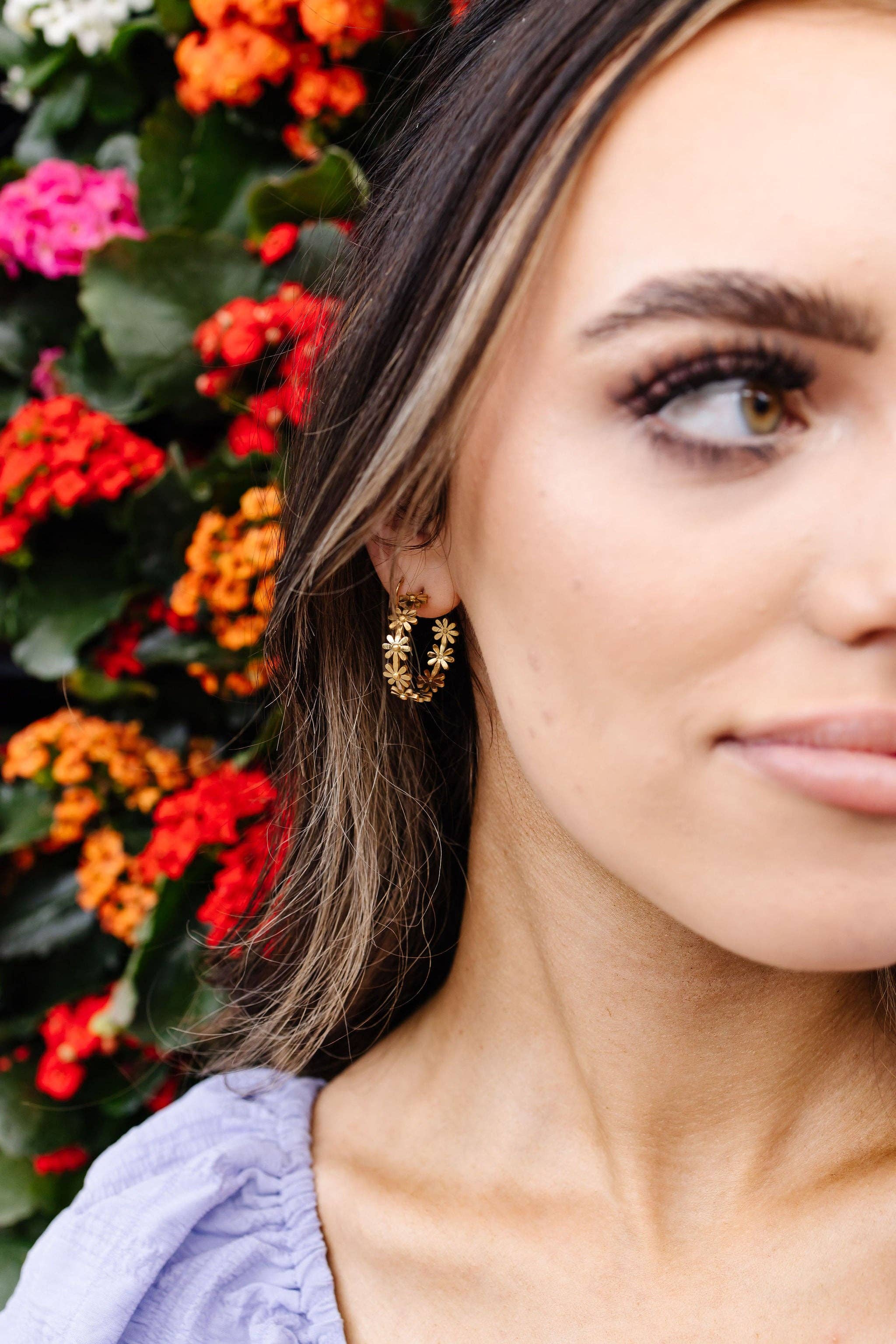 Shop Andi - Wholesale Hoop Earrings - Gold Daisy Hoops - Hypoallergenic4