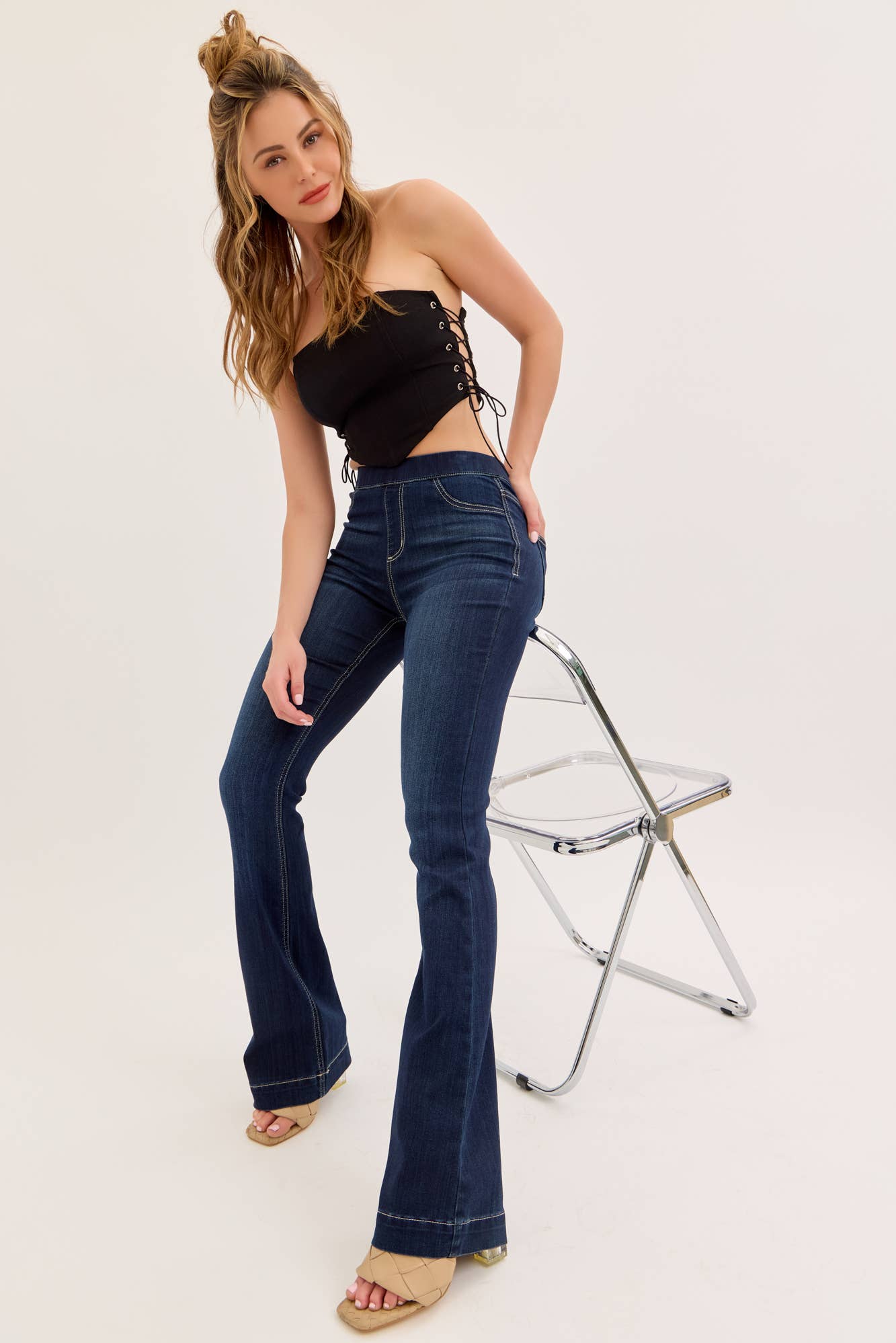 Cello Jeans - Wholesale Jeans - Women's - High Rise Dark Pull On Flare Jegging [AB37211DK]4