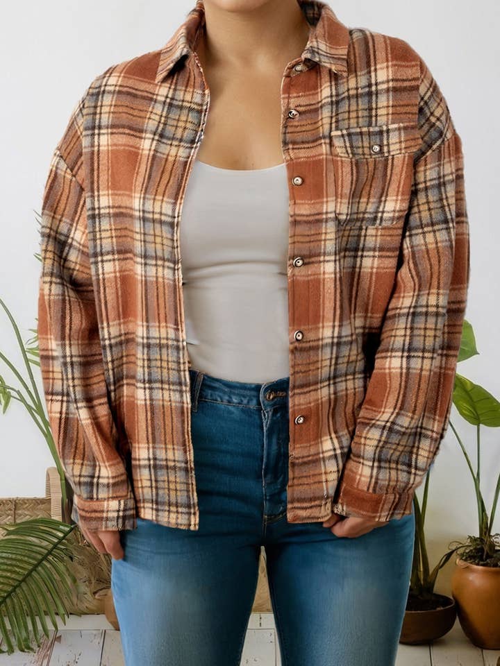 Plaid Print Flap Pocket Buttoned Plus Size Shirt Shacket for wholesale by 66DISCO