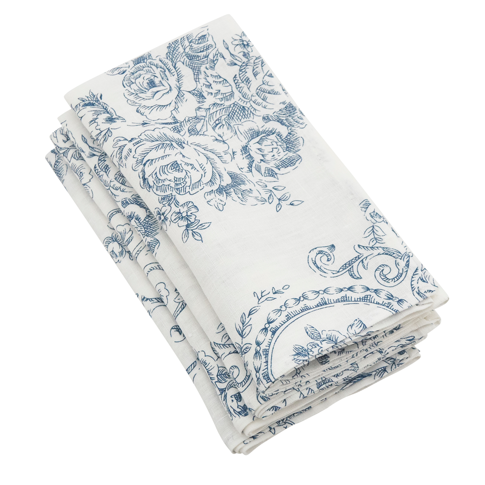 Fennco Styles - Wholesale Dinner & Cloth Napkin - Indigo Toile Floral White 100% Linen Cloth Napkin1