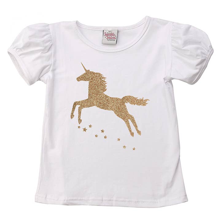 Gold Dancing Unicorn Puff Sleeve Tee for wholesale by Sparkle Sisters by Couture Clips