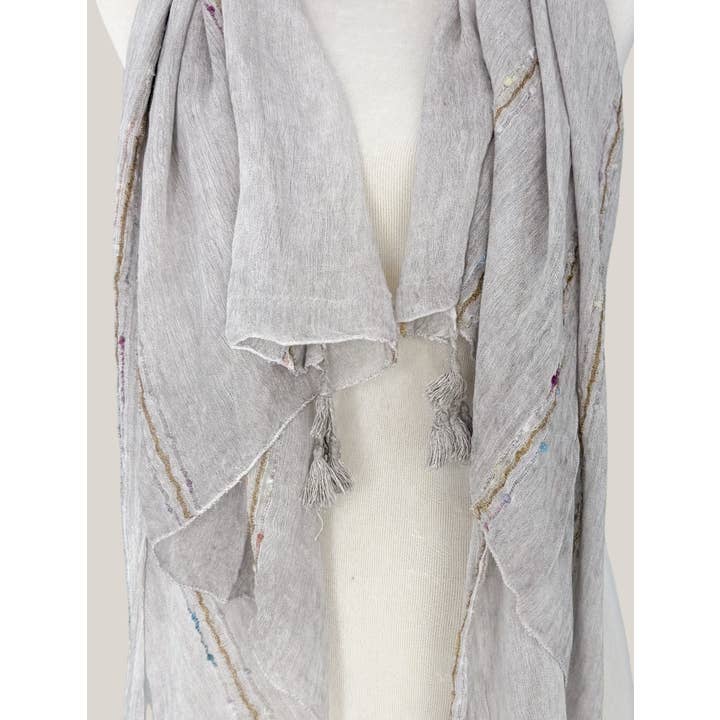 JC Sunny Fashion - Wholesale Scarf - Women's - Classic Ethnic Solid Tassels Scarf with Embroidered Stripes 7