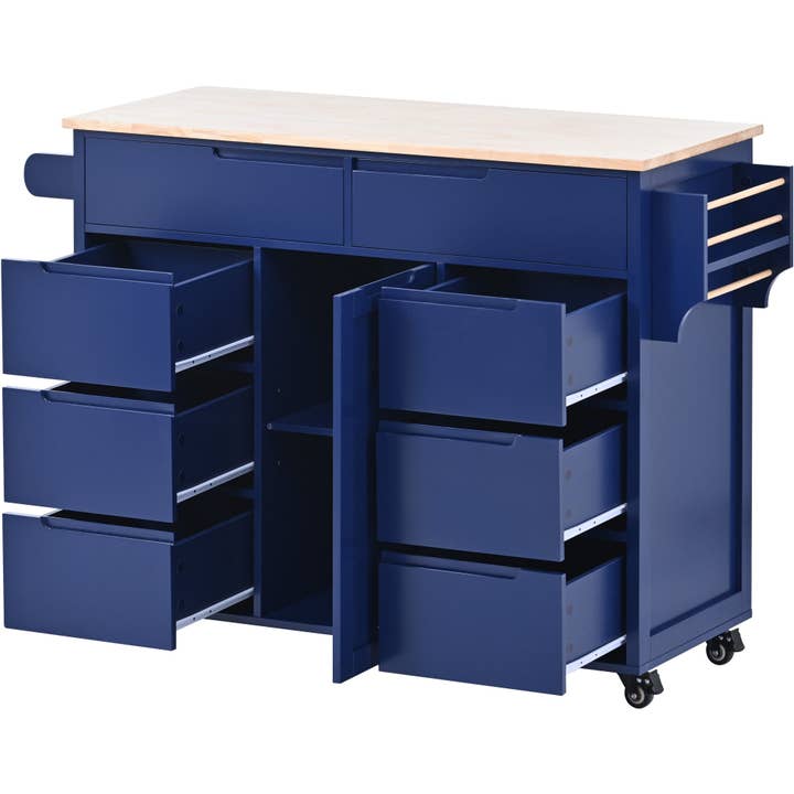 39F Inc. - Wholesale Kitchen Storage/Organizer - 53" Dark Blue Kitchen Island Cart with 8 Drawers & Wood 14