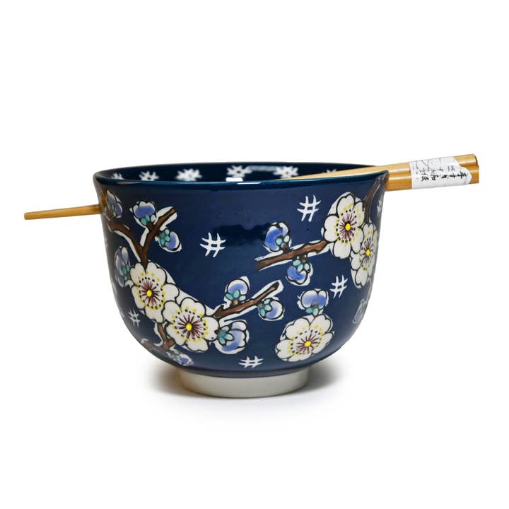 MIRA 5" BOWL WITH CHOPSTICKS – WHITE PLUM ON NAVY for wholesale by Fuji Merchandise Corporation