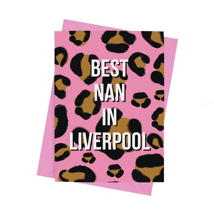 Best Nan In Liverpool Leopard Print Card for wholesale by Scouse Bird Shop