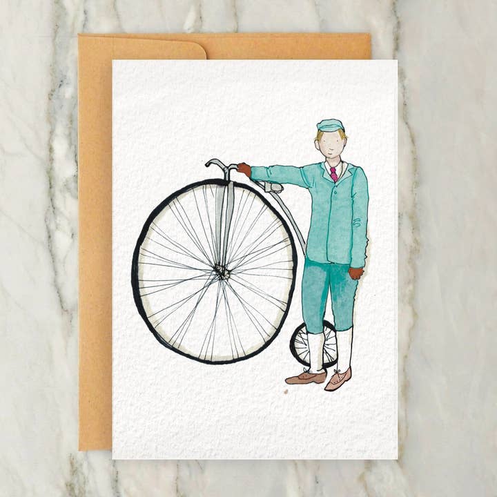 Person With Penny-Farthing Carte de vœux 10,2 x 12,7 cm — Style vintage pour la vente par Hudson Illustration Co - About Town Co