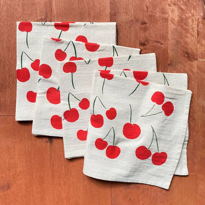Red Cherries Hand Printed Cotton Napkins, Set of 4 for wholesale by Bright Beige