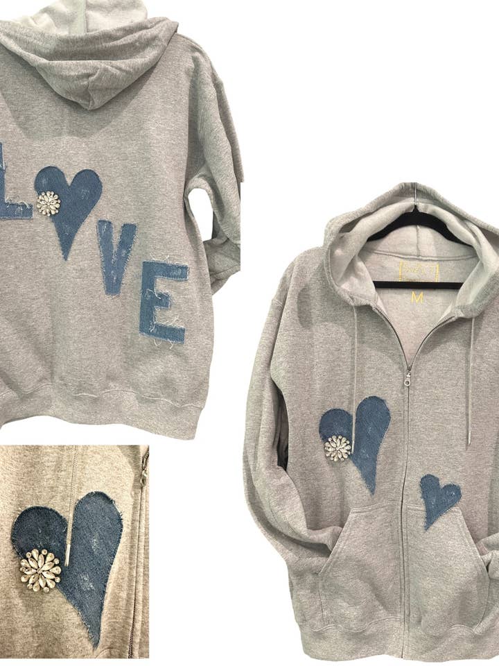 Hoodie met ritssluiting, vintage spijkerhartjes en liefdeskristalbloem voor wholesale door Suzy T Designs