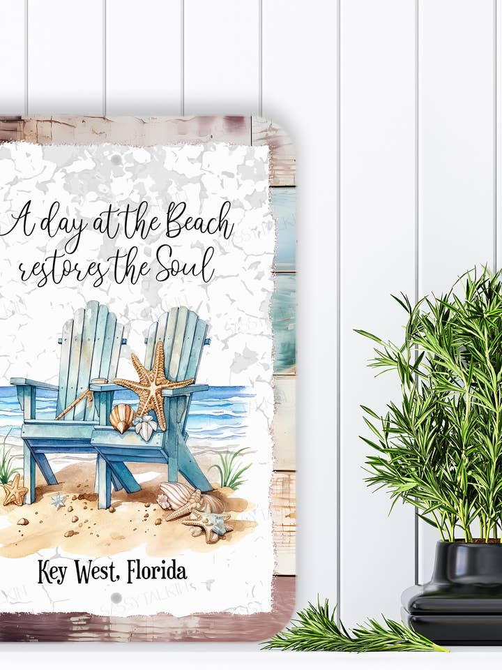 Cartel de metal que dice «Playa», «Un día en la playa es bueno para el alma» para venta al por mayor de Sassy Talkin