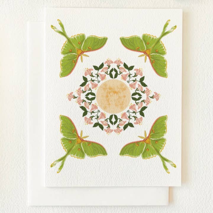 Luna Moth Mandala Blank Greeting Card for wholesale by Folk Meadow