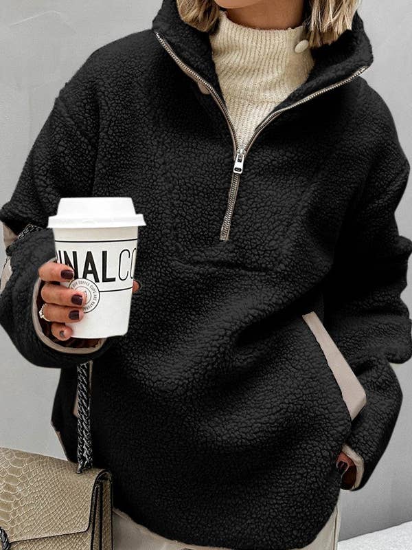 Rosa Clothing - Wholesale Sweatshirt - Women's - Loose Half Zip Color Block Fleece Pullover Sweatshirt5