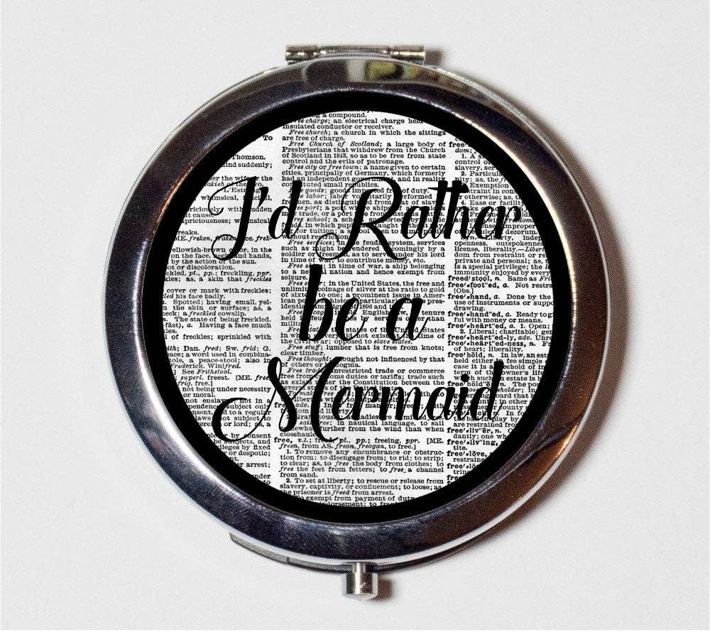 FringePop - Wholesale Compact Mirror - It'd Rather be a Mermaid Compact Mirror - Nautical Mermaids Ocean Beach Quote - Make Up Pocket Mirror for Cosmetics0