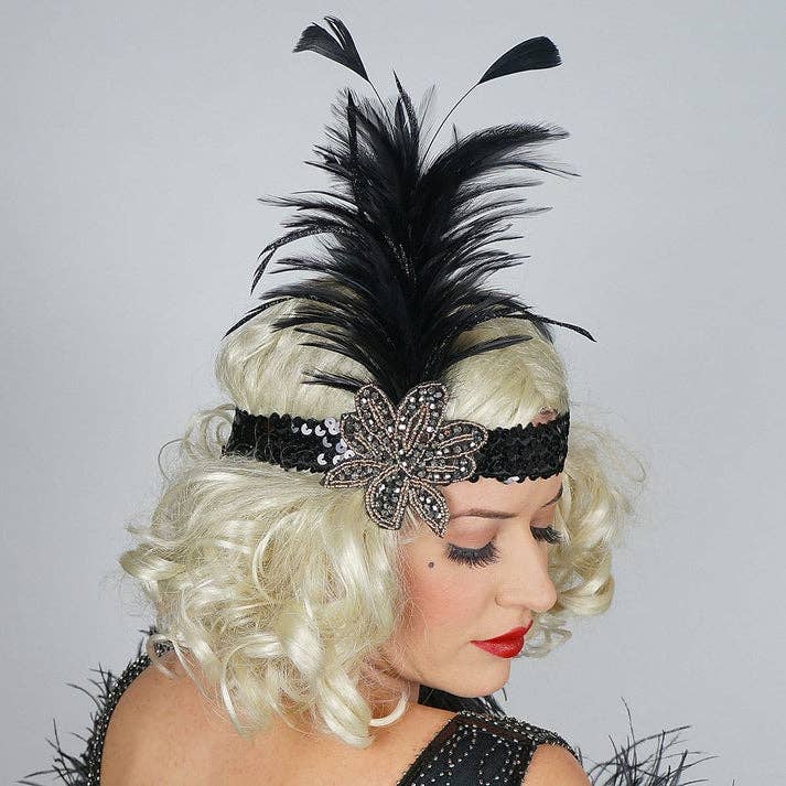 Zucker Feather Products – Großhandel Fashion-Stirnband – Damen – Flapper Stirnband mit Federspray, Schwarz und Gold0