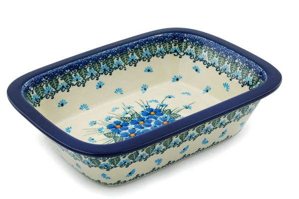 Polmedia Polish Pottery - Wholesale Baking Dish - Rectangular Baker 10" Forget Me Not Theme UNIKAT0