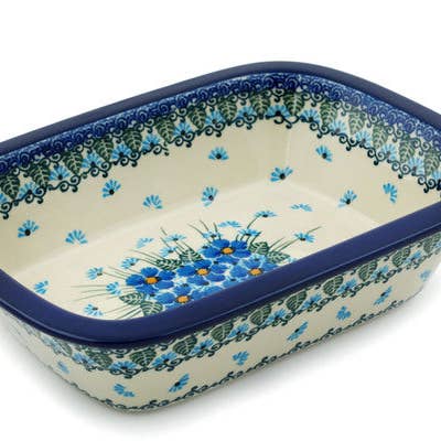 Polmedia Polish Pottery - Wholesale Baking Dish - Rectangular Baker 10" Forget Me Not Theme UNIKAT