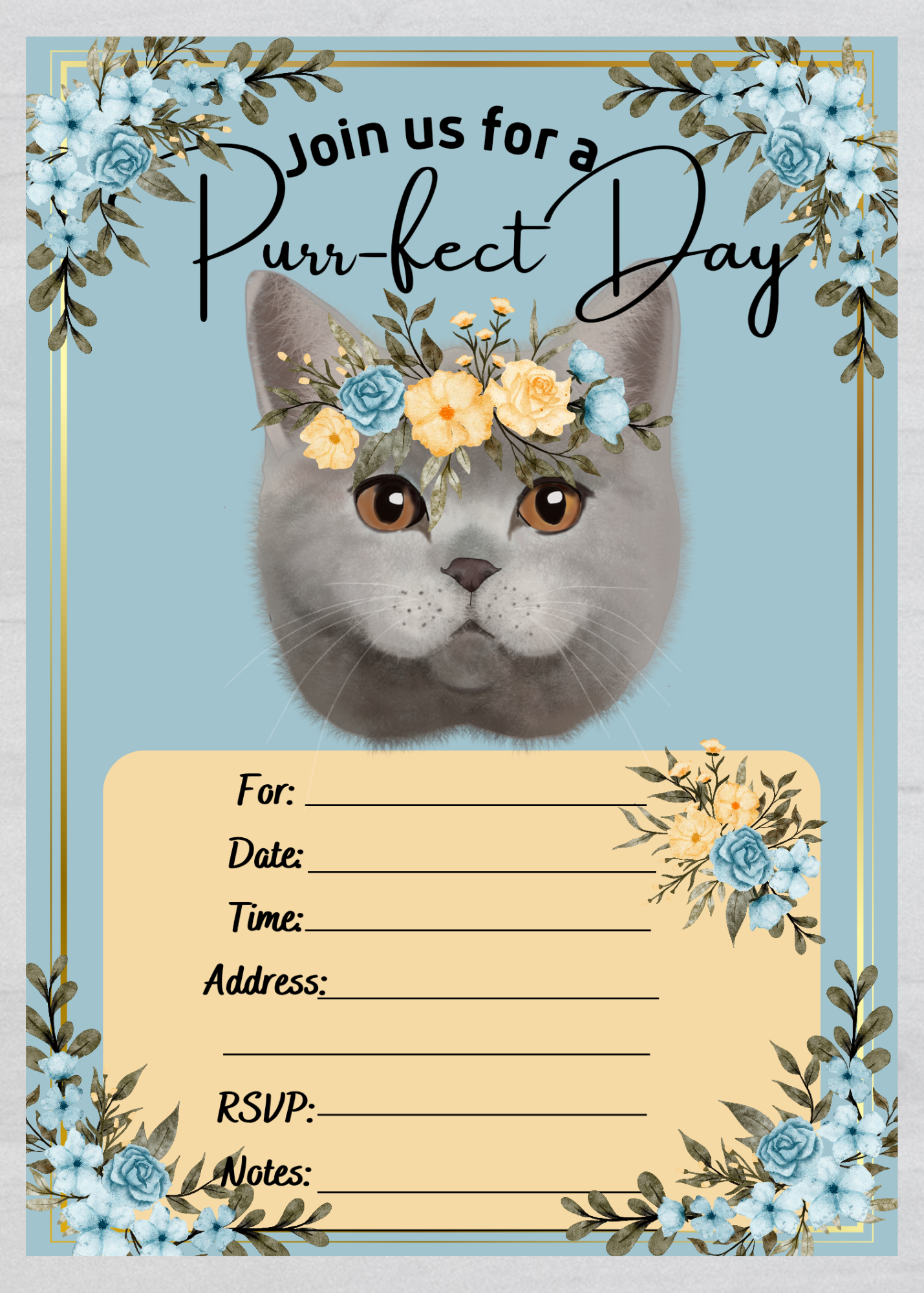 LM Studioz - Wholesale Invitations - Floral Cat Party Invitations comes with Envelopes + Stickers3
