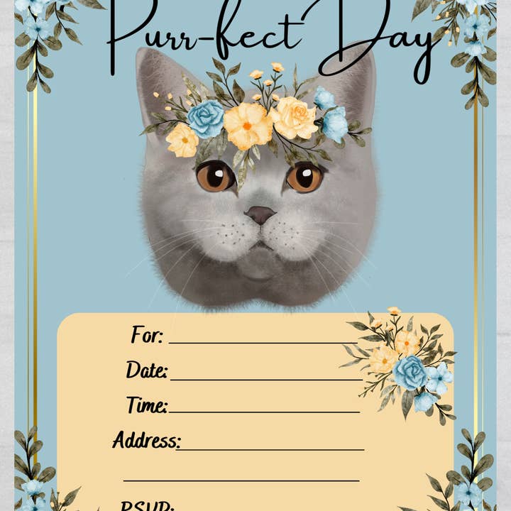 LM Studioz - Wholesale Invitations - Floral Cat Party Invitations comes with Envelopes + Stickers3