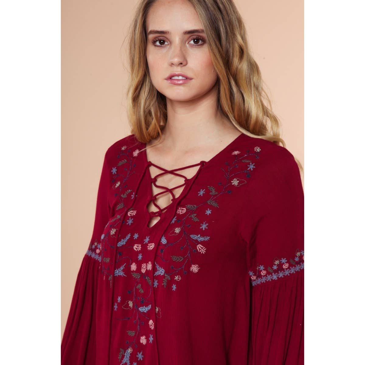 Naked Zebra Rack – wholesale Blouse – Women’s – Embroidered Lace Up Long Sleeve Blouse7